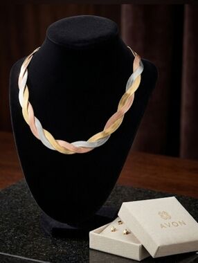 Avon Tri-Color Braided Necklace - Gold, Rose Gold & Silver